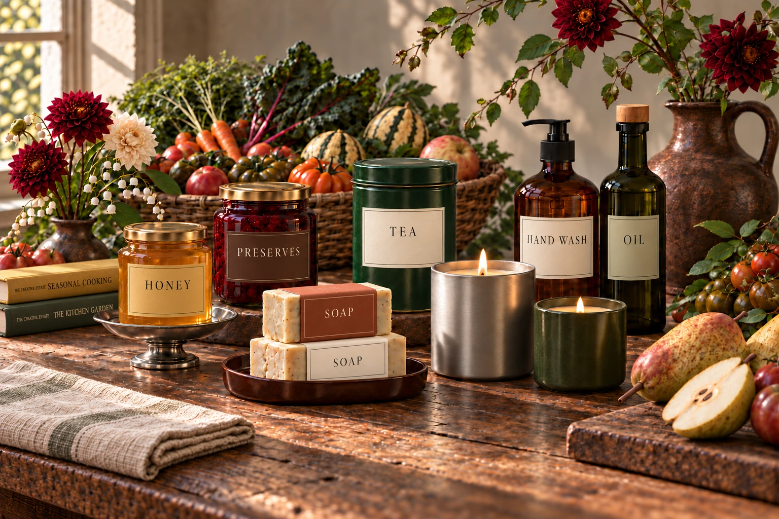 Proposed estate collection: matte-labelled honey, preserves, tea, soaps and oil, with candles, estate cookbooks, fresh flowers and a full harvest basket