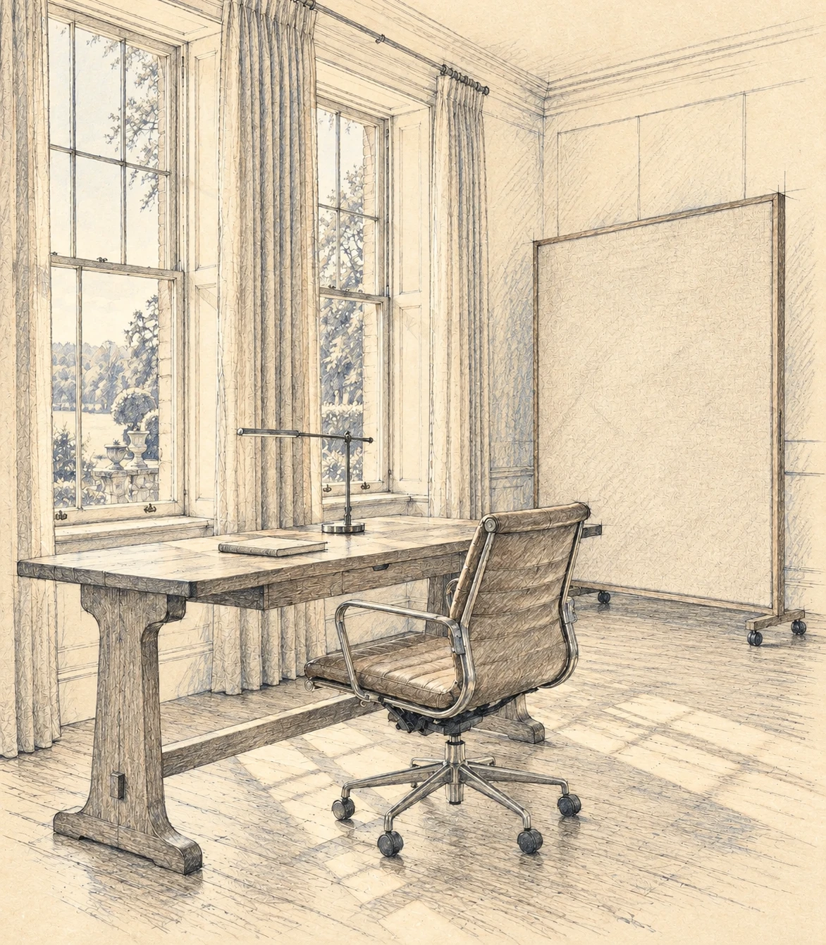 Architectural perspective sketch of the focus room