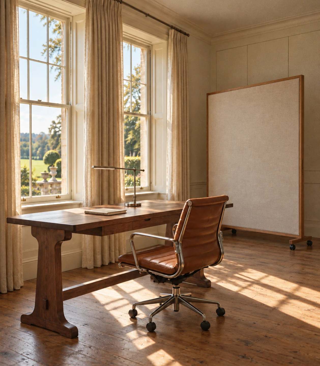 Concept rendering of a quiet focus room with a wooden desk and natural light