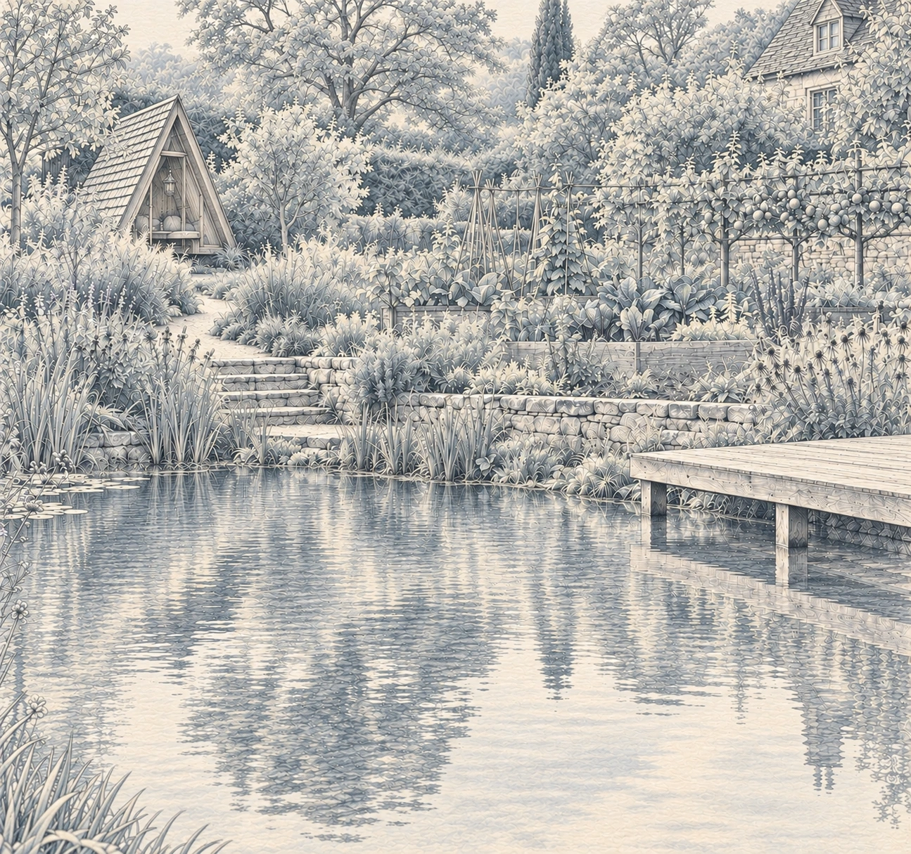 Architectural drawing of the garden & pond