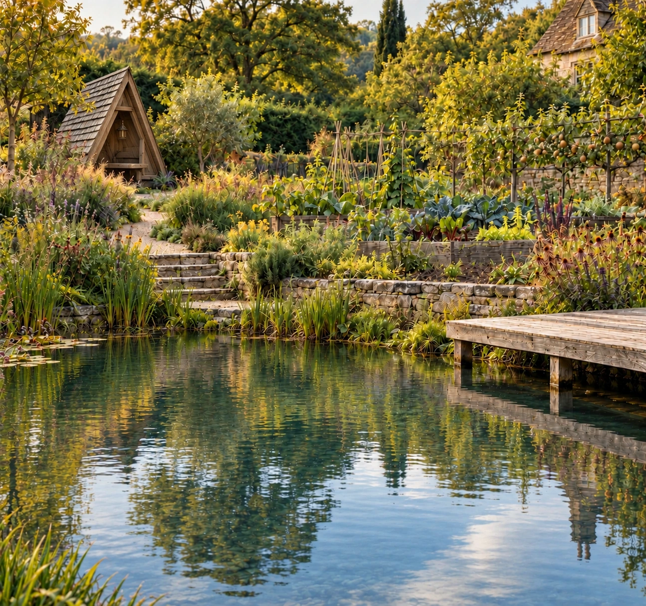 Productive garden and natural swimming pond with a handcrafted, weathered timber A-frame shelter