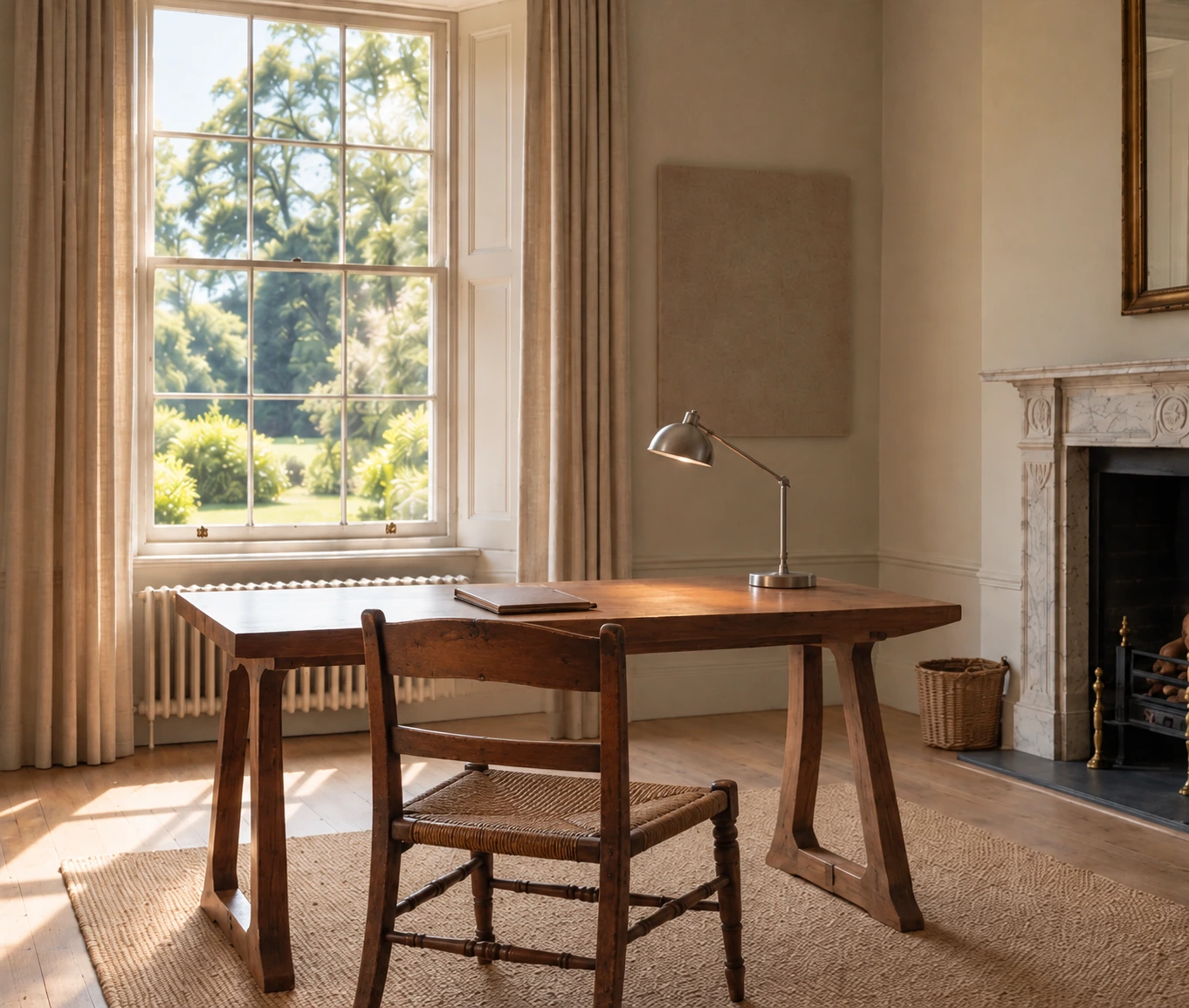 A neutral study with a simple desk and quiet natural materials
