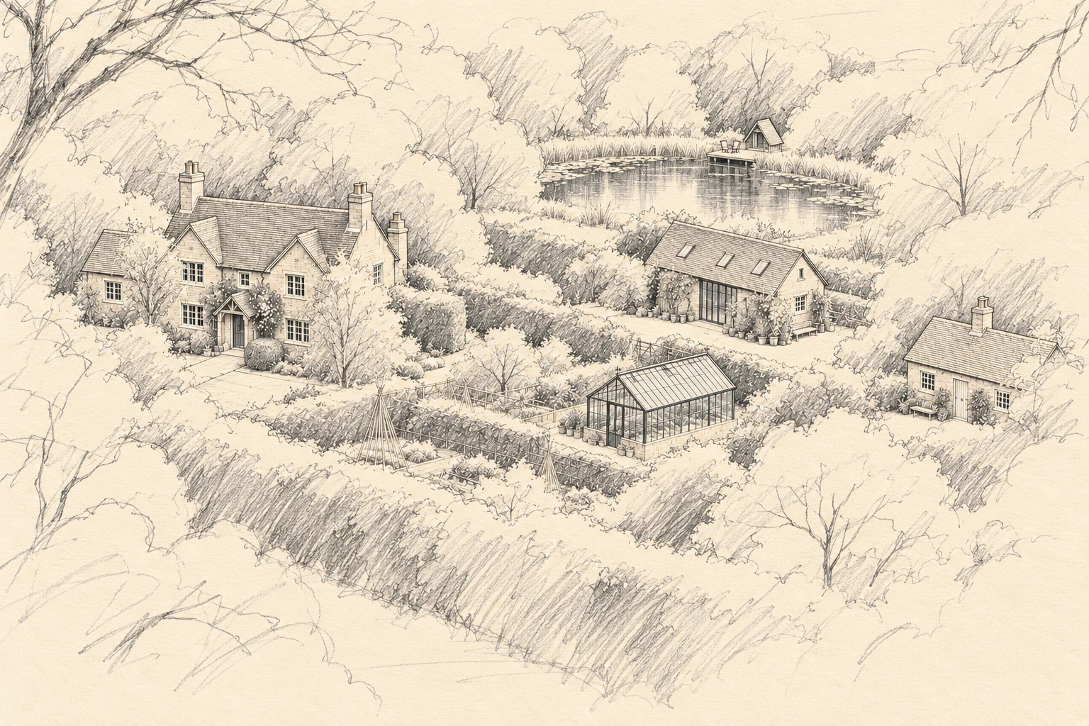 Architectural aerial drawing of the estate, greenhouse and grounds