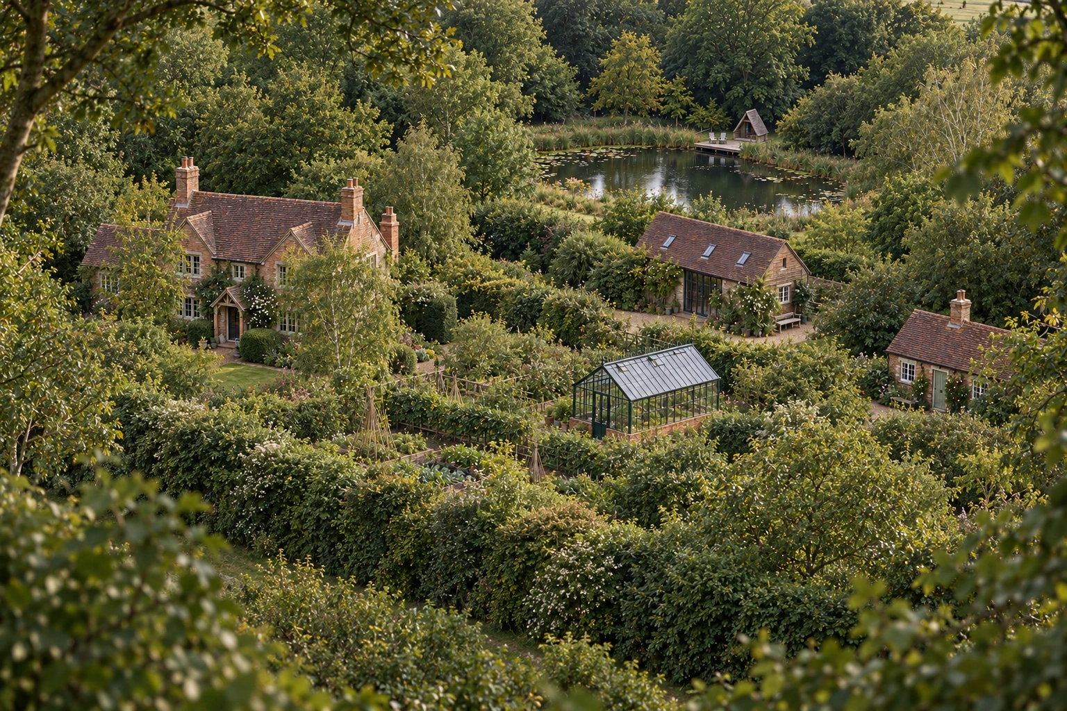 Secluded Arts and Crafts estate screened by mature hedges and trees, with a house, creative studios, cottage, greenhouse and gardens